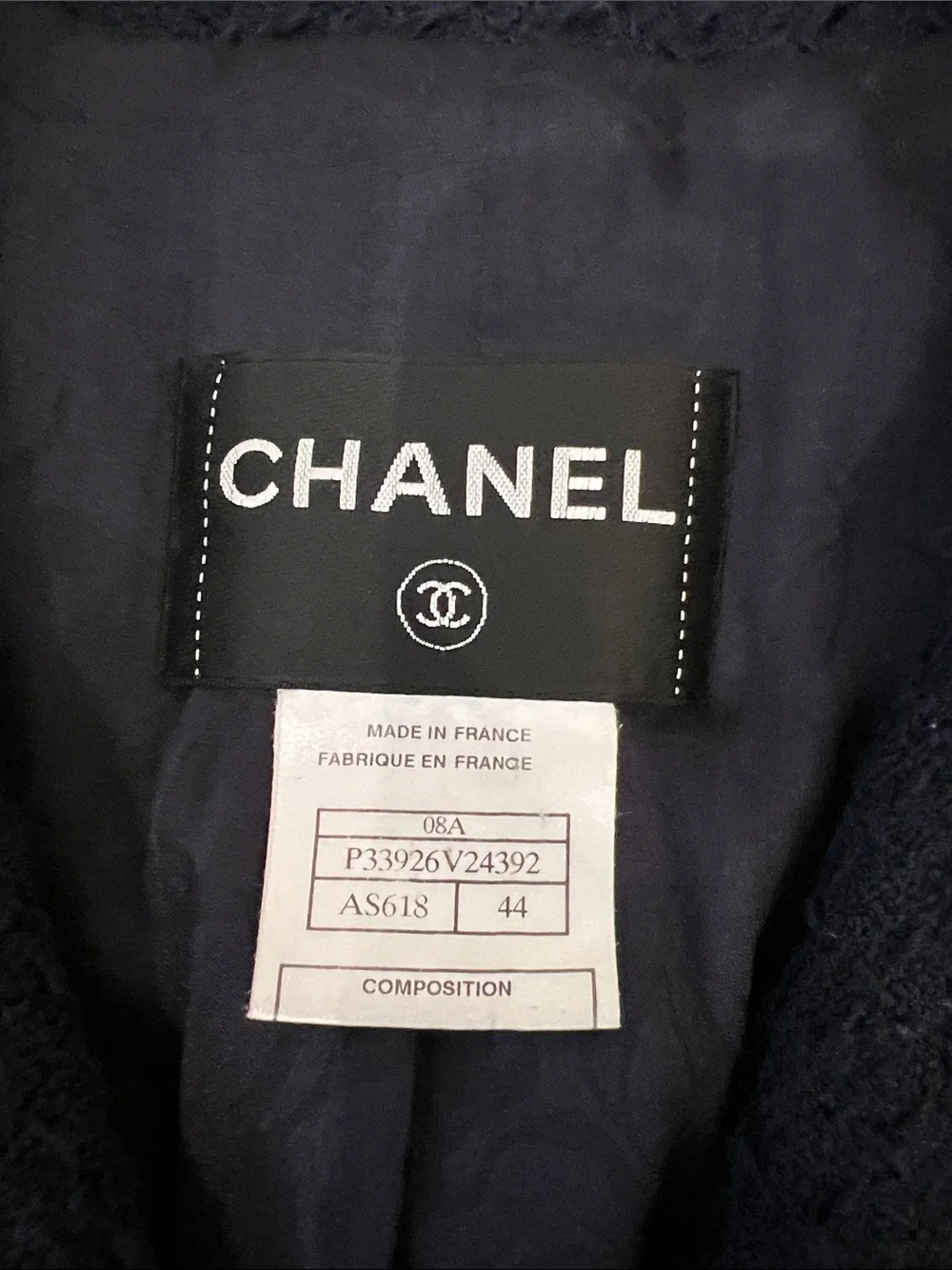 CHANEL 08A Navy Wool Cashmere Tweed Blazer Jacket CC Buttons FR 44